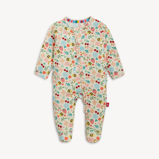 Magnetic Me Honey Blossom modal footie with ruffle, featuring snap closures and cute floral print, ideal for easy dressing.