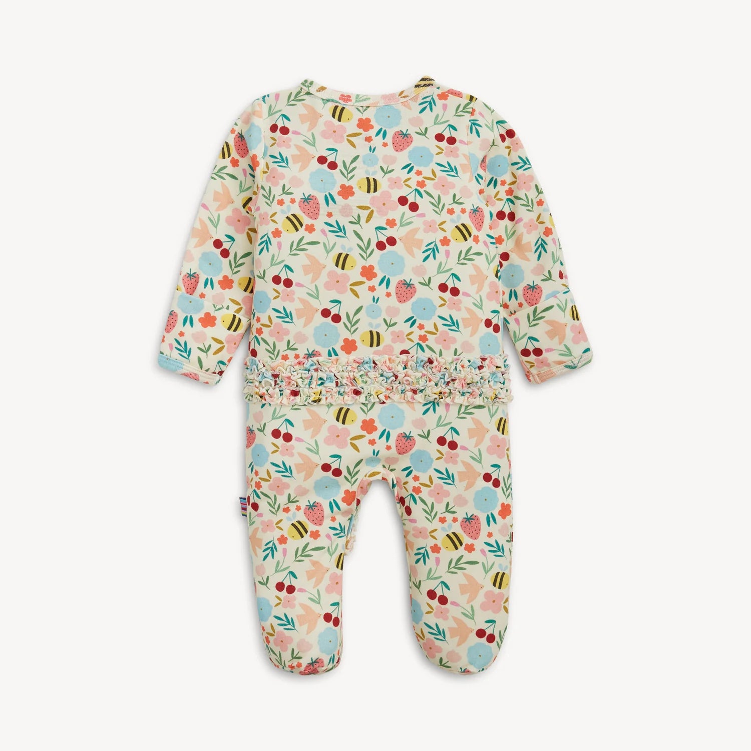 Magnetic Me Honey Blossom modal footie with ruffle detail, featuring a soft fabric and magnetic closures for easy dressing.