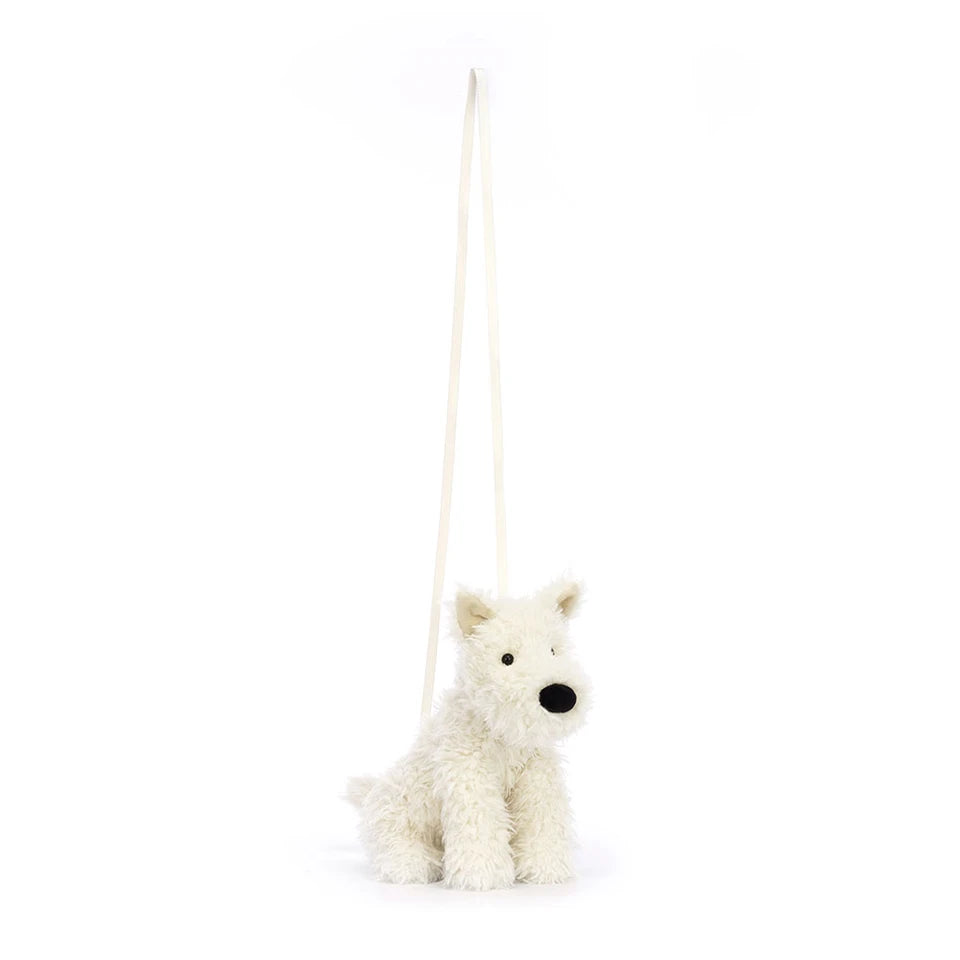 Jellycat Munro Scottie Dog Bag with soft plush fabric, detailed face, and small size perfect for carrying essentials.