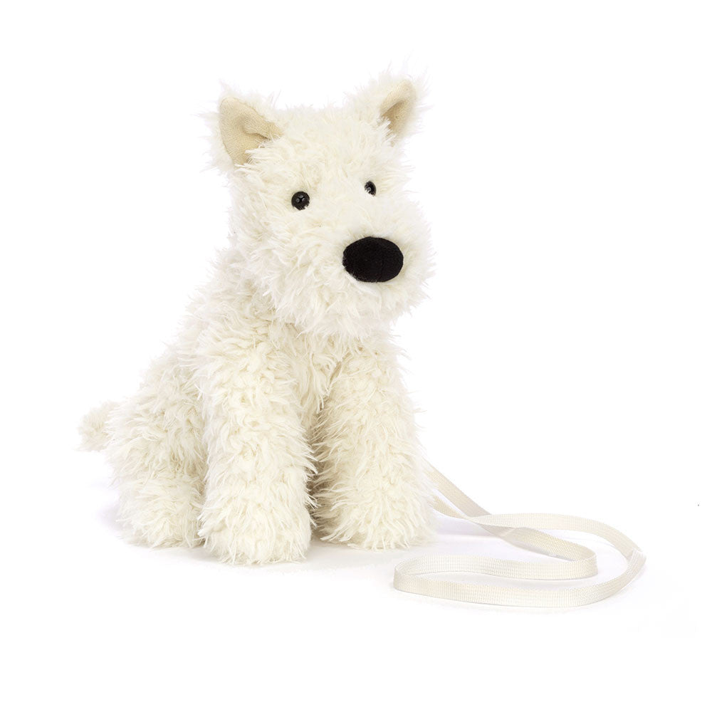 Jellycat Munro Scottie Dog bag with soft plush fabric and detailed stitching, featuring a cute Scottie dog design.
