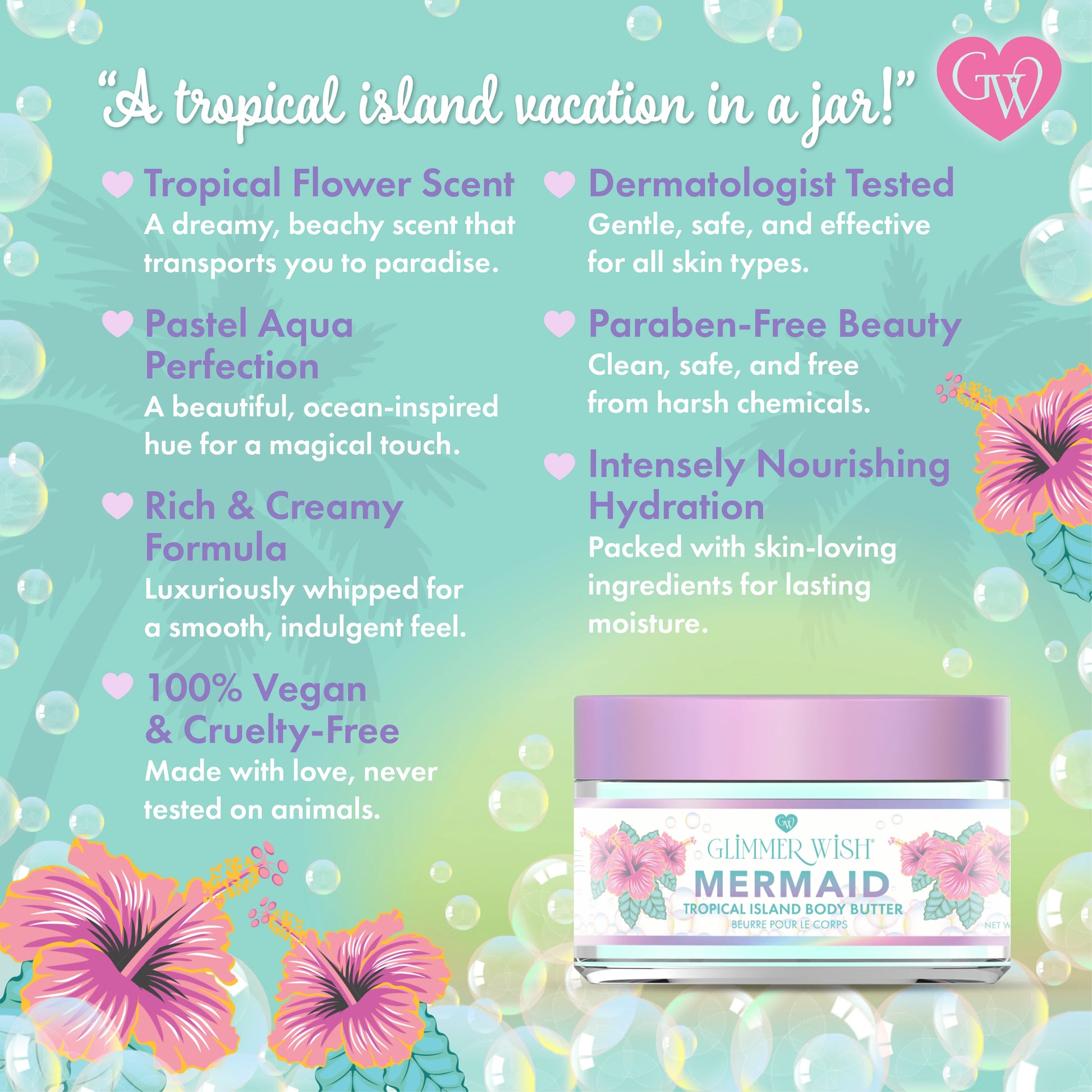 Mermaid Whipped Body Butter from Glimmer Wish by Sweet E's Children's Boutique, featuring a smooth, luxurious pink body butter with mermaid theme.