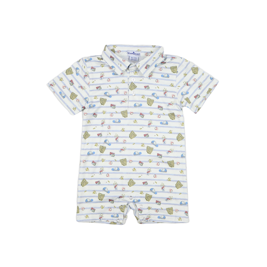 Blue Quail Clothing Co. 7th Inning Stretch Polo Short Sleeve Romper featuring a polo collar and casual design for kids.