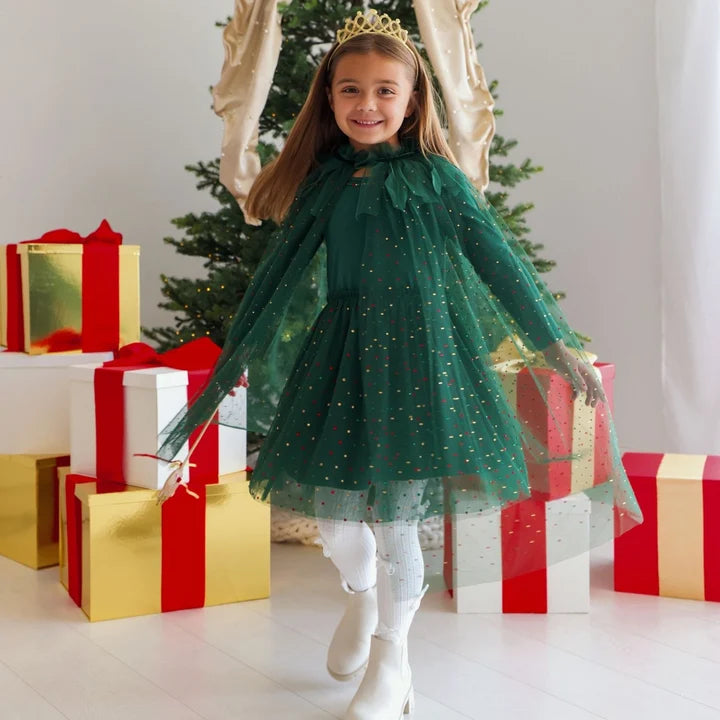 Emerald Rhinestone Christmas Long Sleeve Tutu Dress