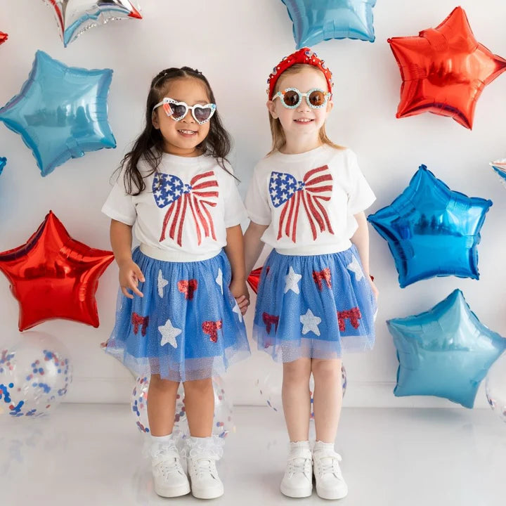 
            
                Load image into Gallery viewer, Sweet Wink - Patriotic Sequin Bow Patch Short Sleeve T-Shirt - White
            
        