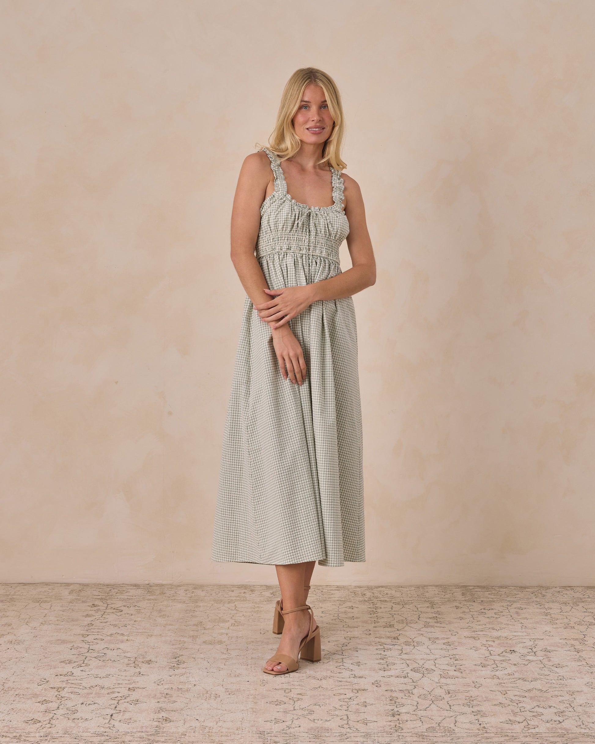 Women's Eucalyptus Check Jane Dress by Noralee, featuring a stylish check pattern and a flattering fit, shown on a model.