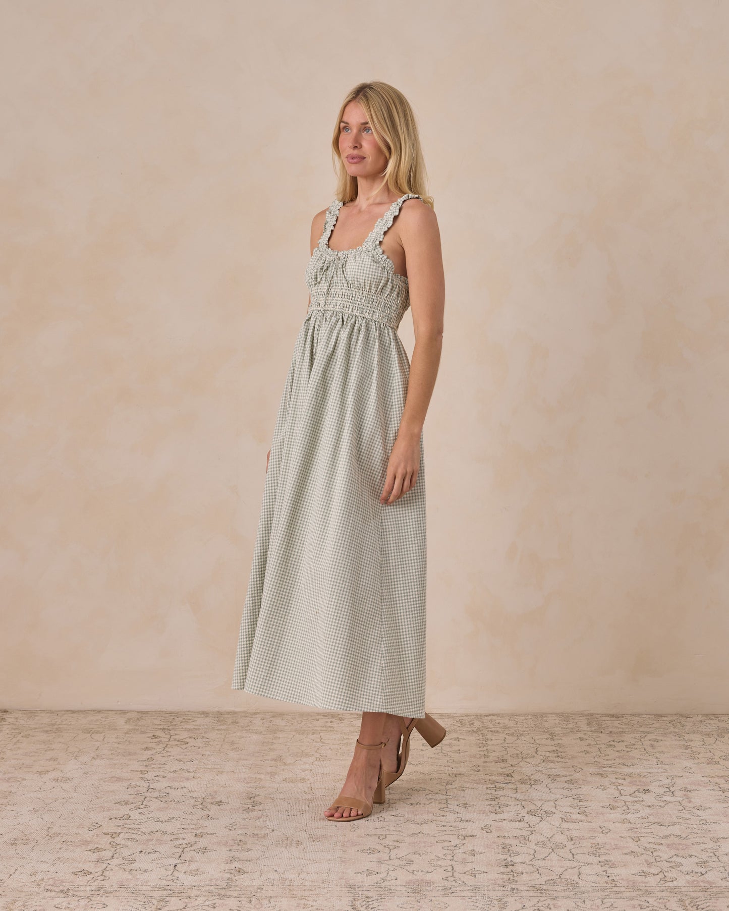 Women's Eucalyptus Check Jane Dress by Noralee, featuring a stylish check pattern and flowing design, displayed on a mannequin.