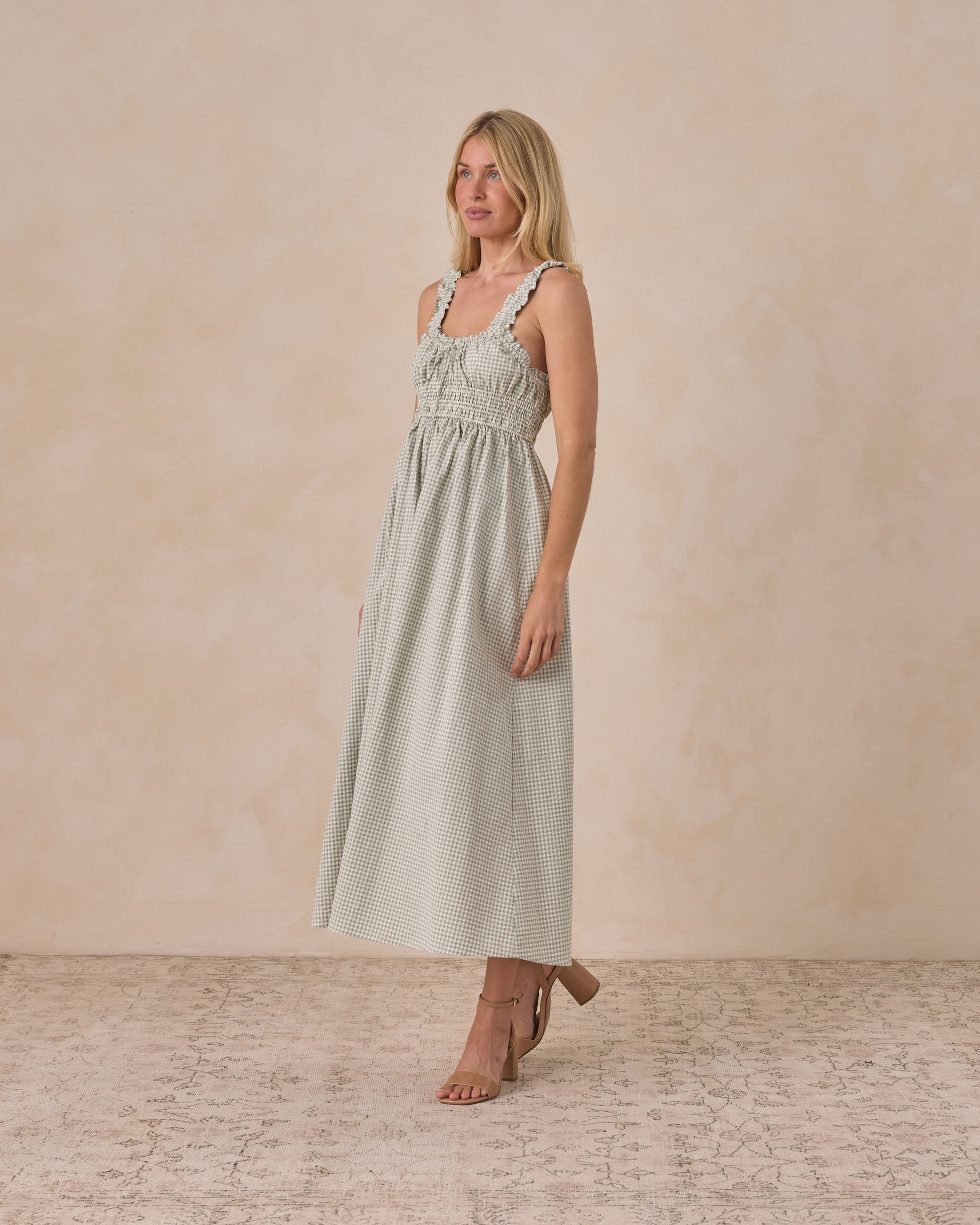 Women's Eucalyptus Check Jane Dress by Noralee, featuring a stylish check pattern and flowing design, displayed on a mannequin.