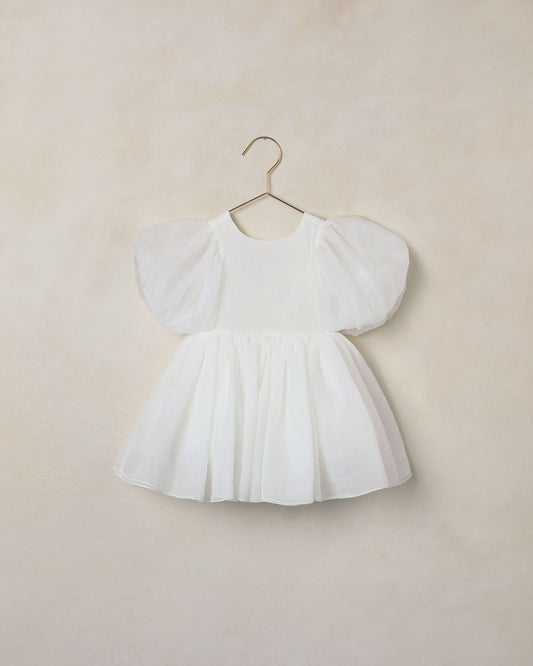 Ivory Noralee Sofia dress displayed on a hanger with intricate lace details and flowing fabric, perfect for elegant occasions.