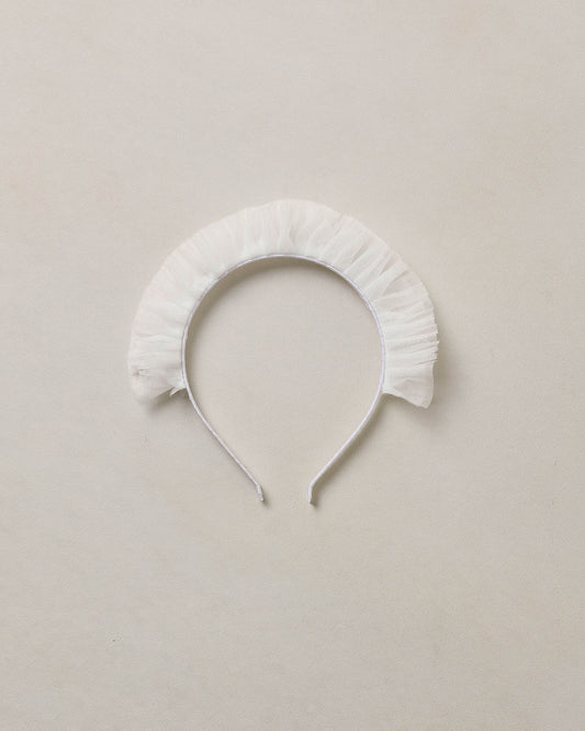 Ivory Noralee ruffle headband with soft fabric and decorative ruffles, perfect for baby or toddler hair accessories.