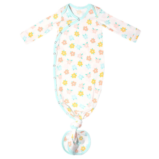 Cotton Daisy Newborn Knotted Gown by Copper Pearl, soft white baby gown with a knotted top and floral daisy pattern.