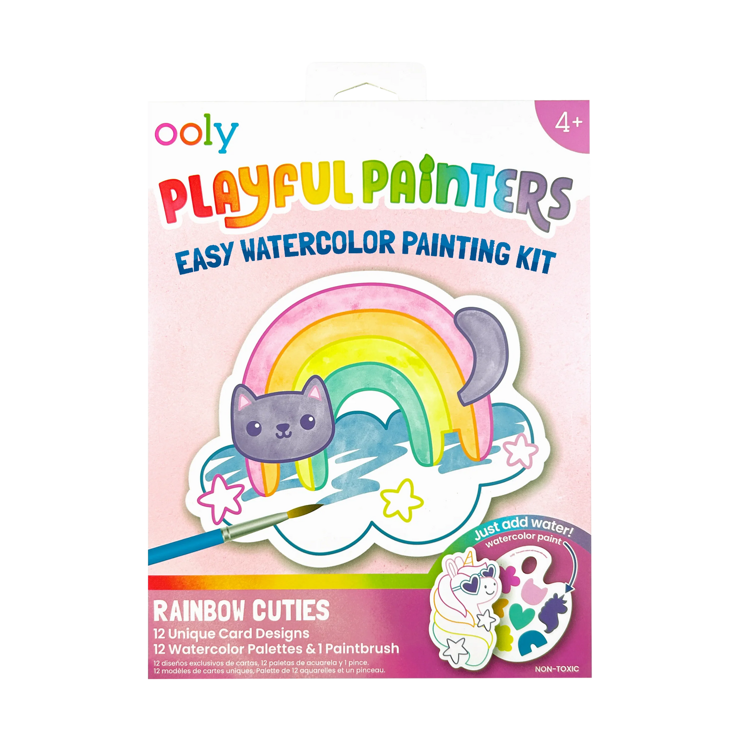 Ooly Playful Painters watercolor painting kit with rainbow cuties design, featuring colorful paints and brushes for kids' creative art projects.