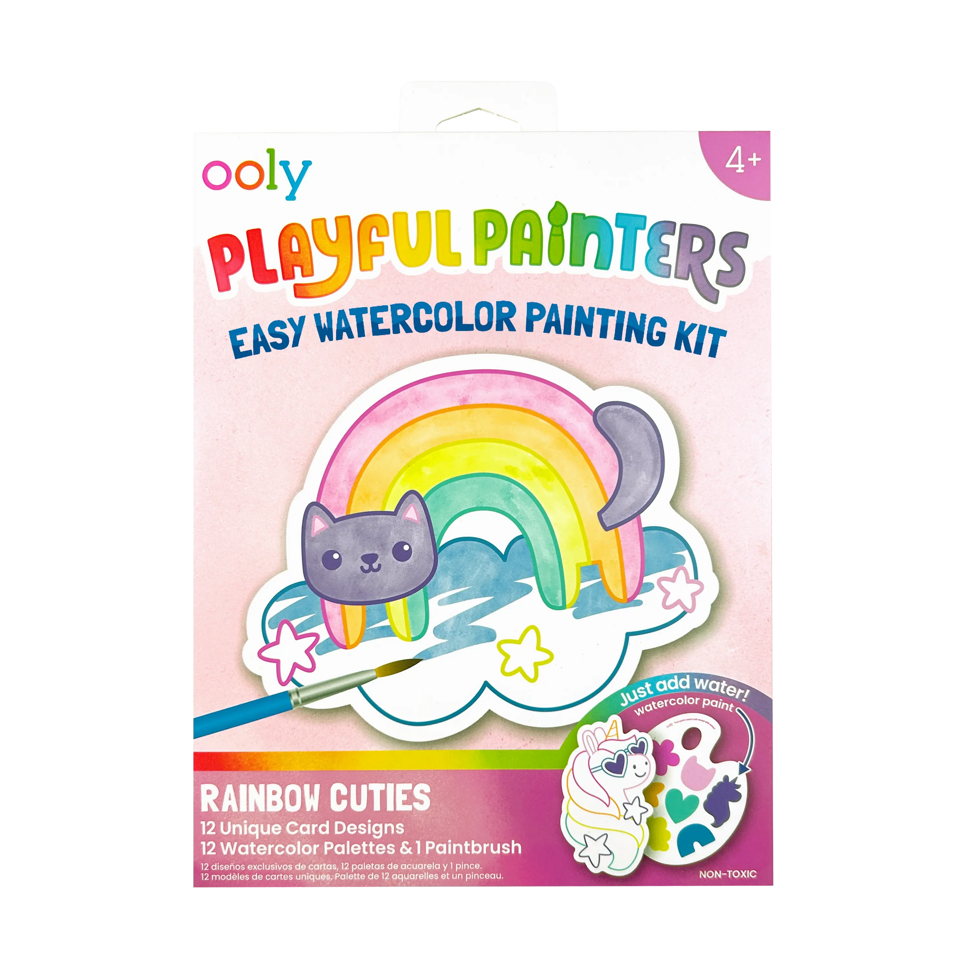 Ooly Playful Painters watercolor painting kit with rainbow cuties design, featuring colorful paints and brushes for kids' creative art projects.