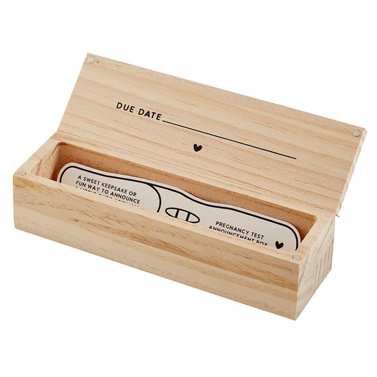 Pregnancy test announcement box by Stephan Baby, featuring Sweet E's Children's Boutique branding and decorative design.