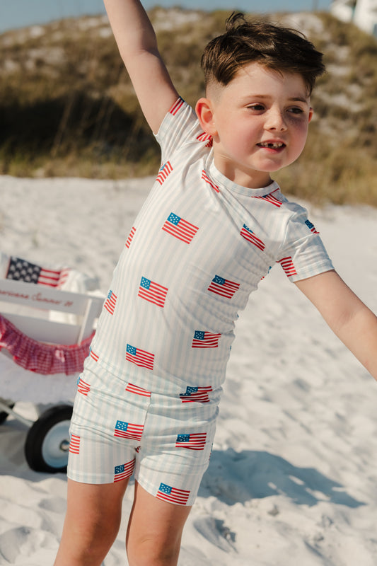 All American two-piece set by In My Jammers featuring a casual, comfortable matching top and shorts in trendy design.