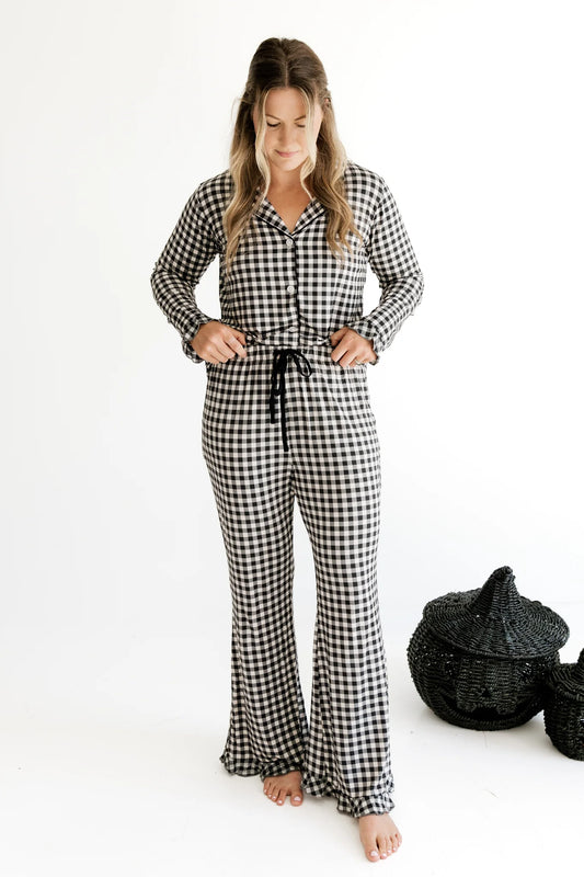 Black and cream gingham women's long sleeve set by In My Jammers, featuring a stylish matching top and bottom.