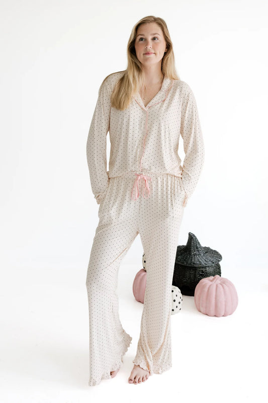 Cream and black polka dot women's long sleeve set by In My Jammers, featuring a comfortable, stylish matching top and bottom.