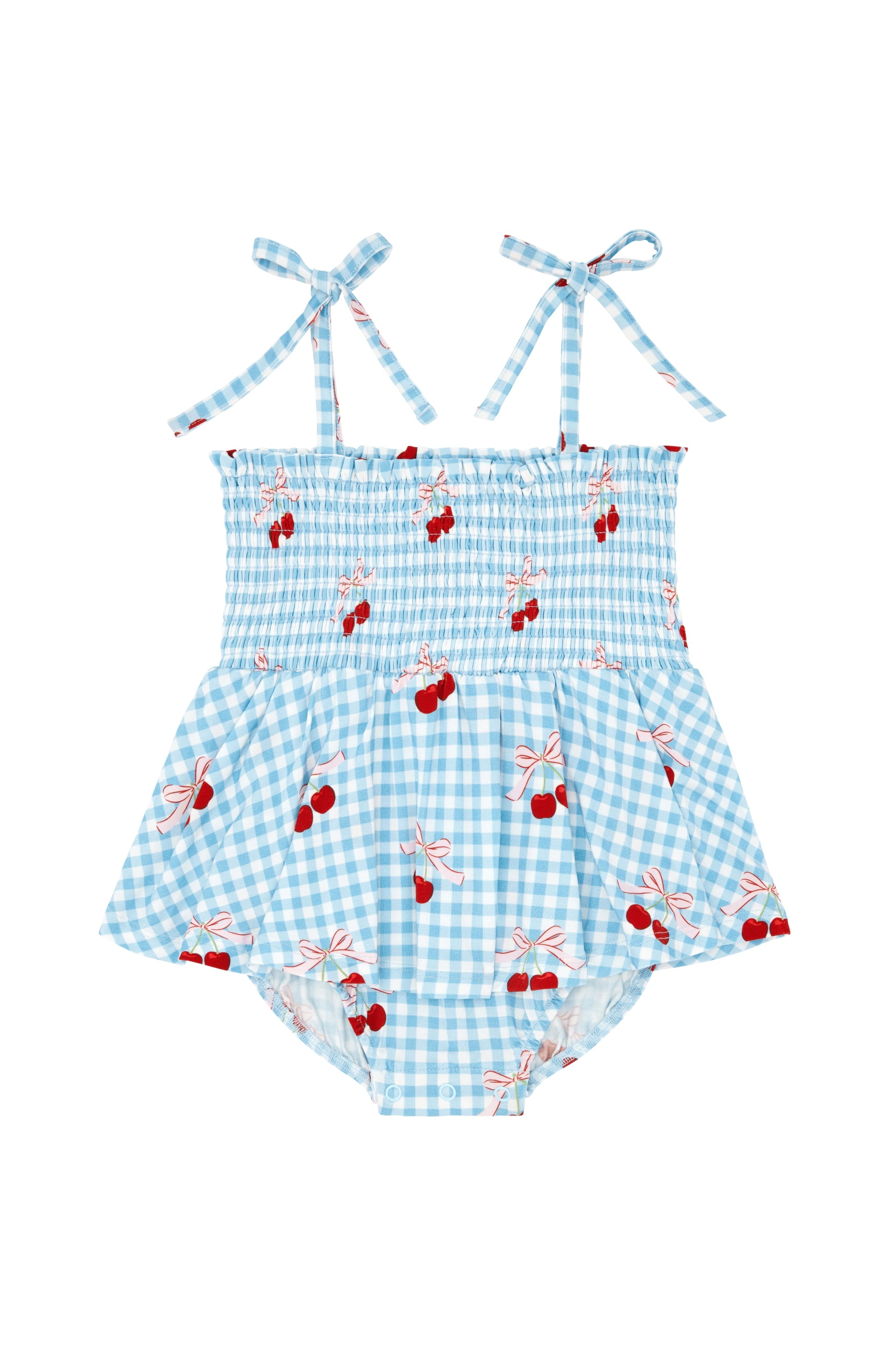 Little Cherry smocked twirl romper for baby girls, featuring colorful cherry print and soft fabric, by In My Jammers.