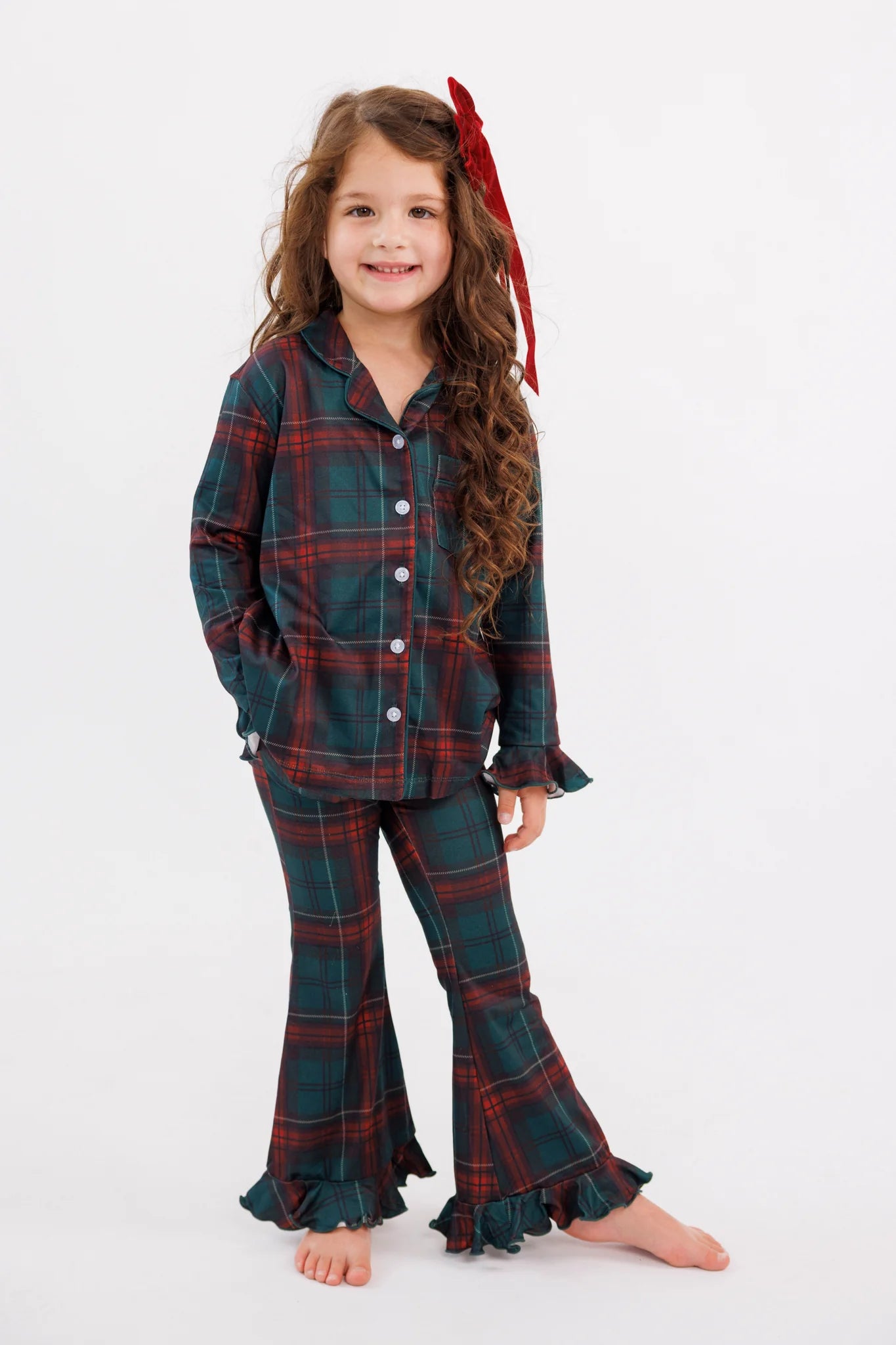 In My Jammers Holiday Heritage Plaid kids' long sleeve ruffle flare set, featuring a plaid button-up top and matching pants for girls.