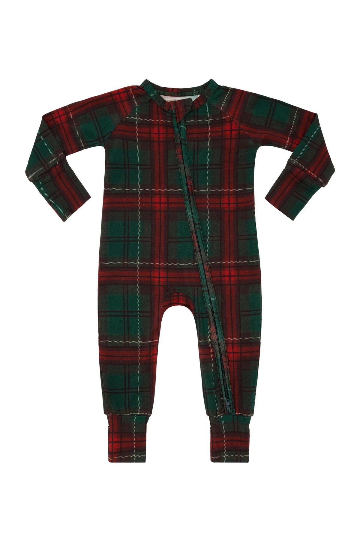 In My Jammers Holiday Heritage Plaid Zipper Romper displayed on a flat lay with zipper front and plaid pattern.