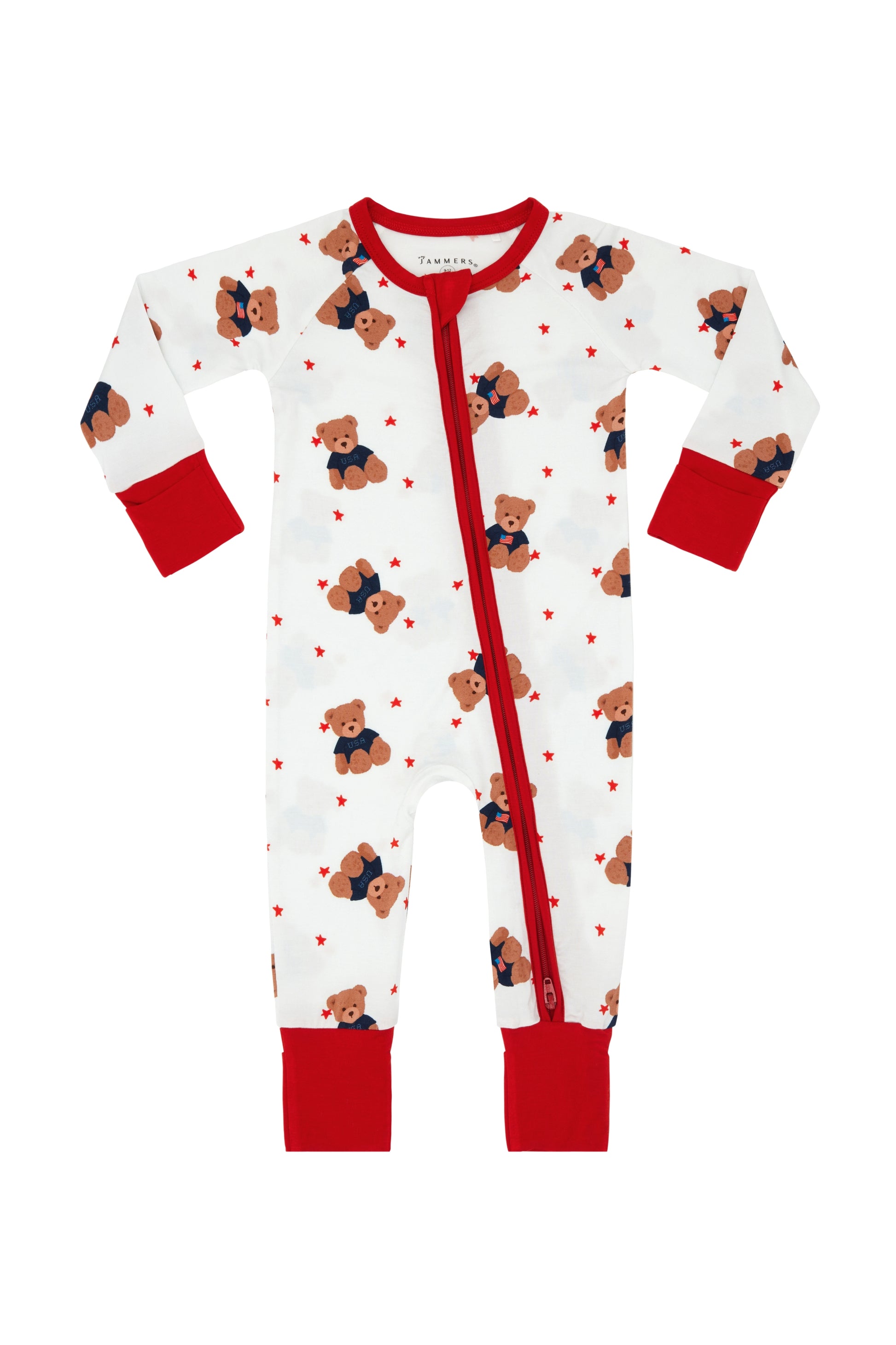 In My Jammers Star Spangled Teddy Zipper Romper displayed on a mannequin, featuring patriotic star pattern and front zipper detail.