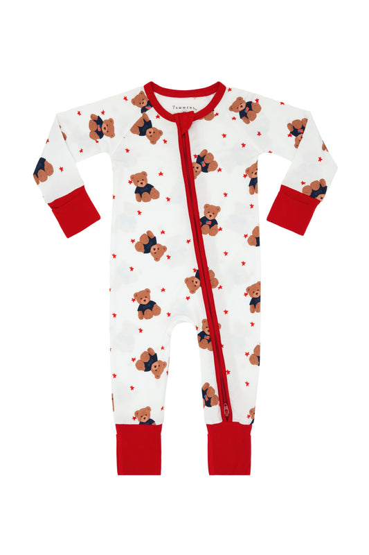 Star Spangled Teddy Zipper Romper by In My Jammers, featuring red, white, and blue star print with a front zipper and teddy style fit.