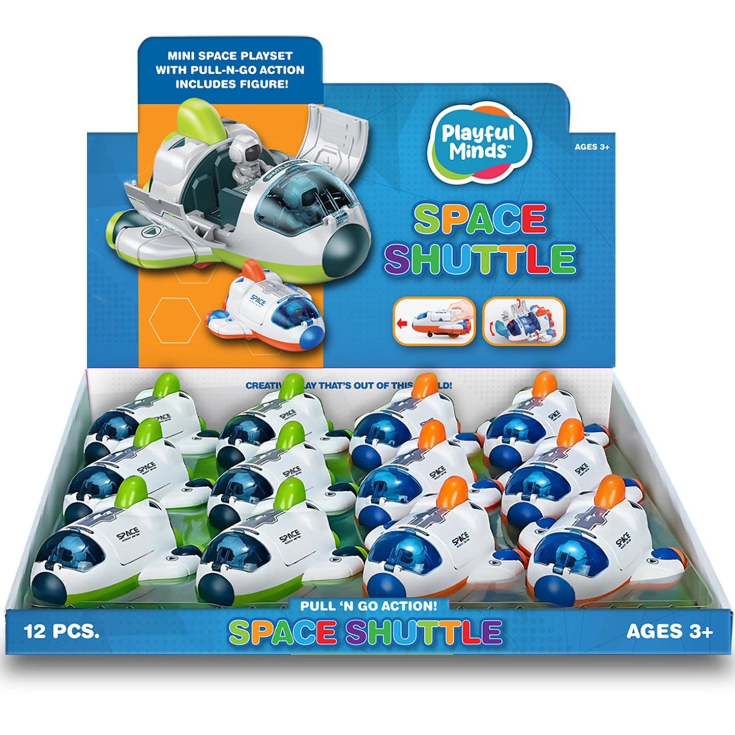 Playful Minds Spaceship friction vehicle by Thin Air Brands, showcasing a colorful toy spaceship with moving parts on a white background.