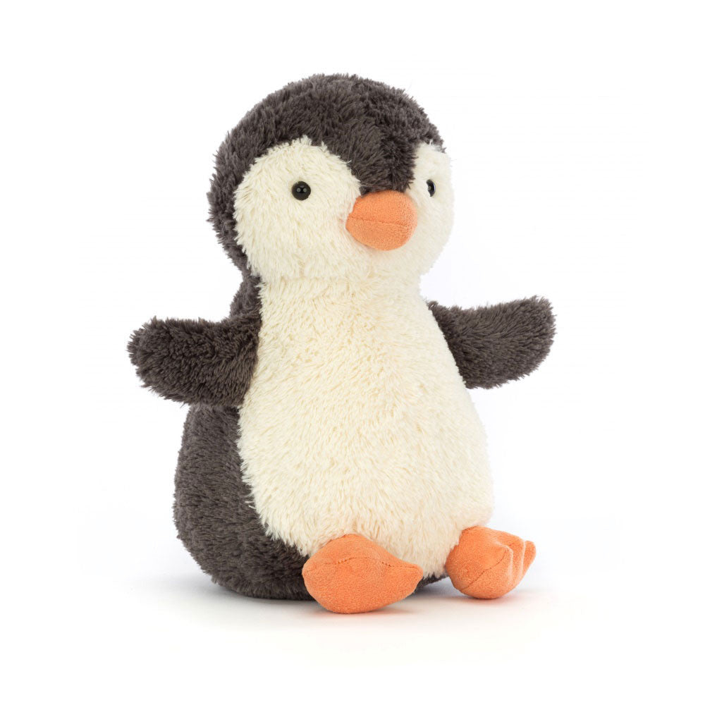 Soft Jellycat Peanut Penguin Medium plush toy showing its adorable penguin design with a fluffy white belly and black body.