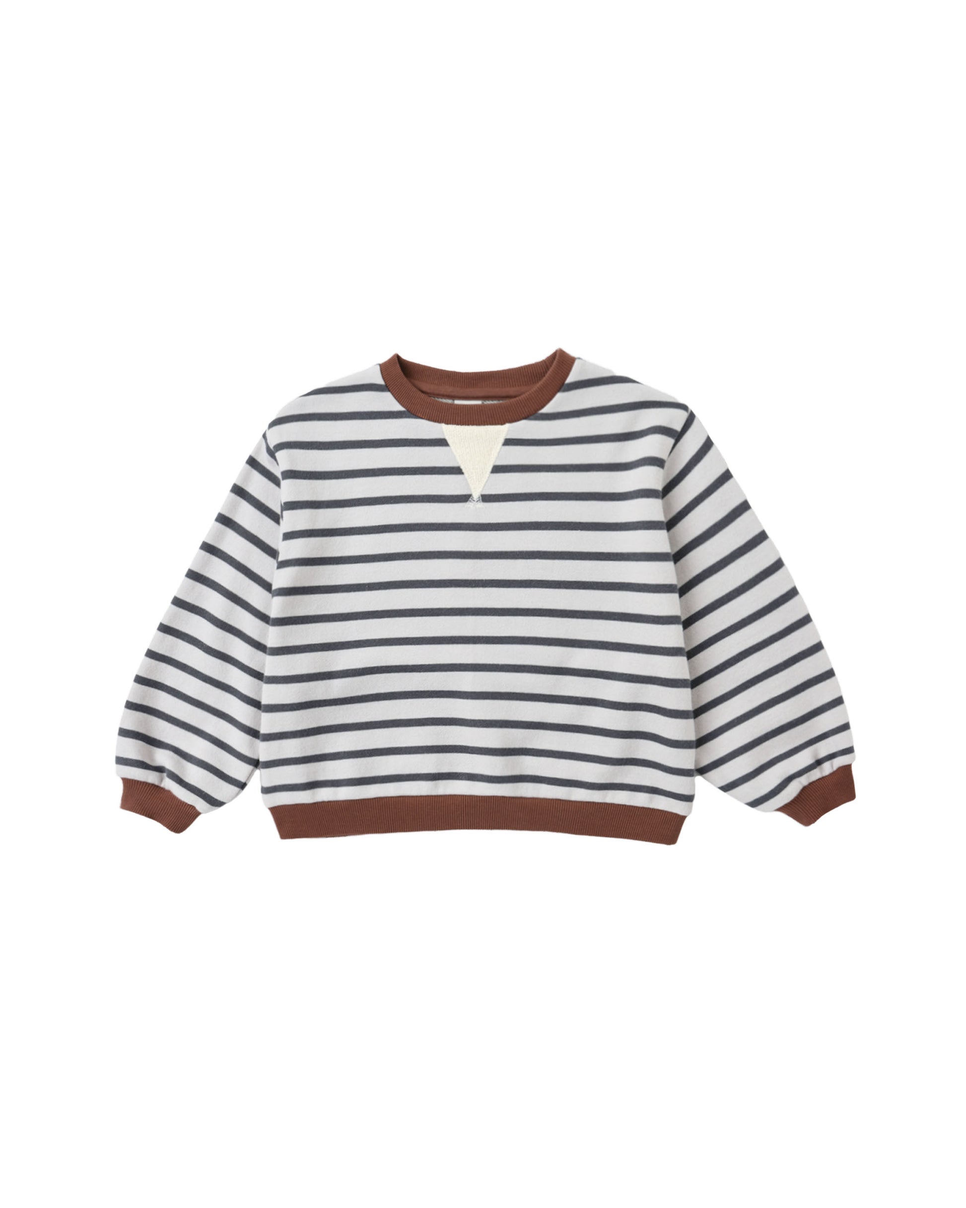 Rylee & Cru Midnight Stripe Legend Sweatshirt in fog gray with white and dark gray stripe pattern, cozy and stylish casual wear.