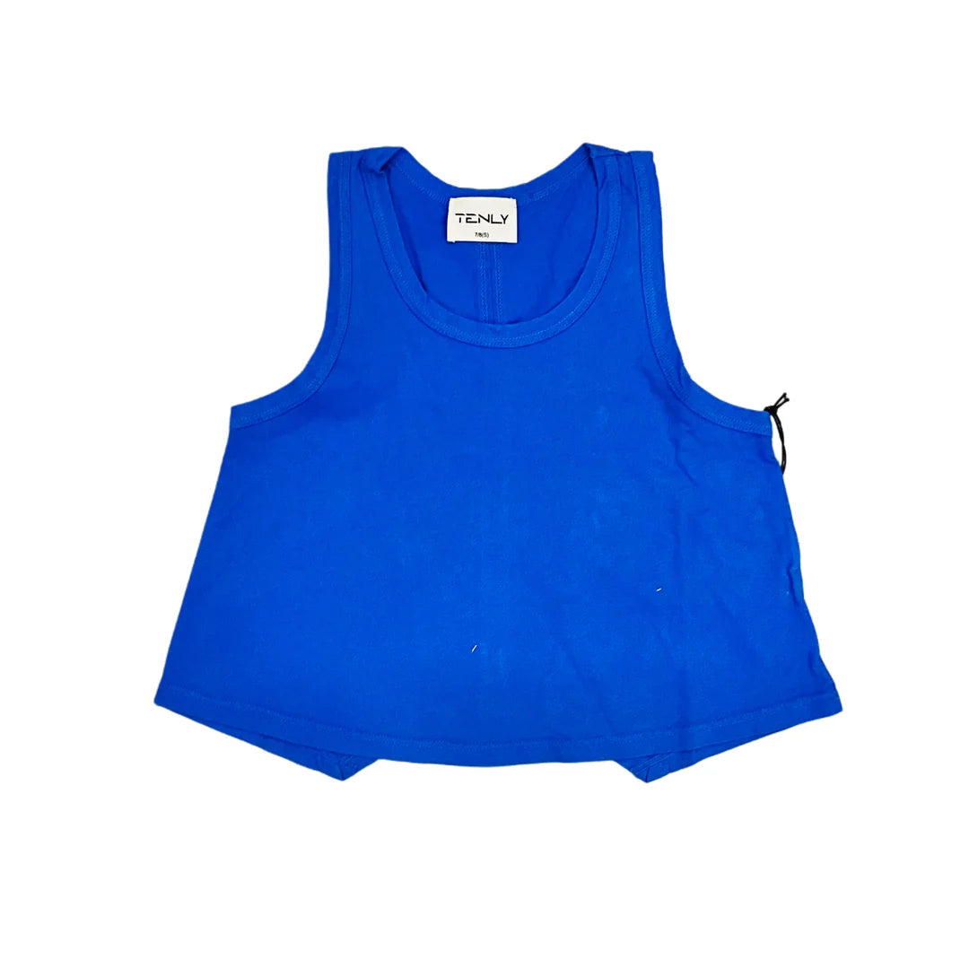 Bali Blue cotton jersey flared racer tank top by TENLY, shown in a close-up image highlighting its fabric and flared design.