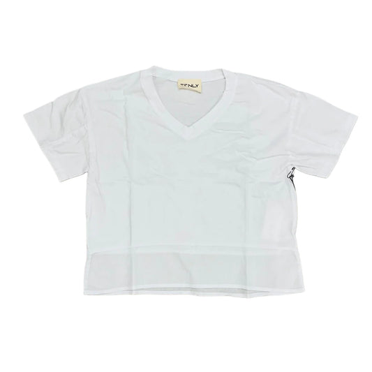 White cotton jersey boxy V-neck hem tee by TENLY, showing the relaxed fit and classic V-neck design on a plain background.