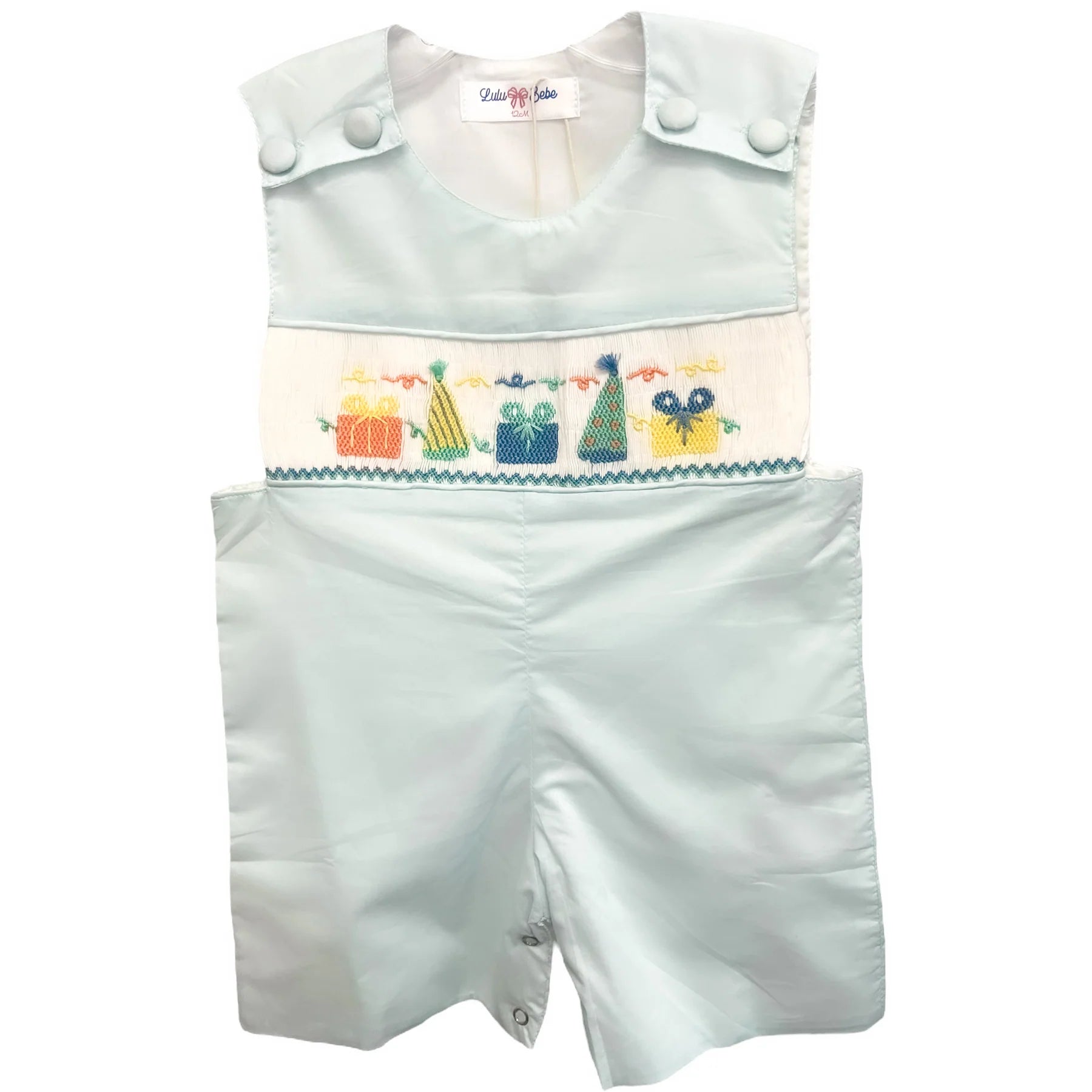 Blue Lulu Bebe birthday smocked shortall with ruffled straps and embroidered design for baby boys, perfect for special occasions.