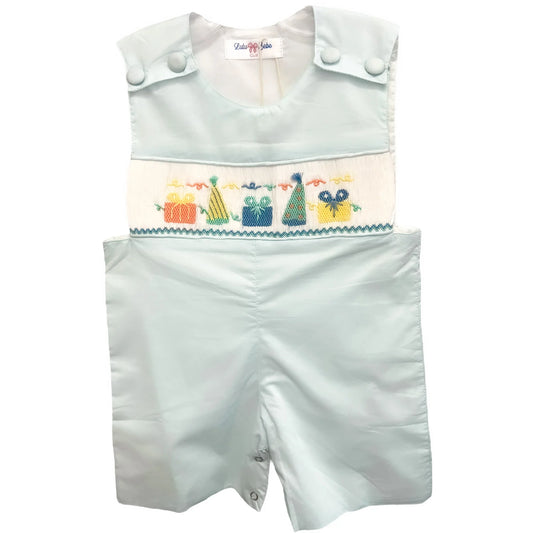Blue Lulu Bebe birthday smocked shortall with ruffled straps and embroidered design for baby boys, perfect for special occasions.