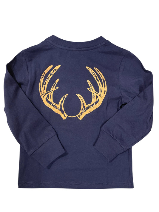 Navy Asher Pima Cotton Antler T-shirt by Coolybri, featuring a simple antler graphic on soft cotton fabric.