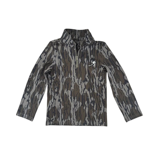 Buck Brothers Mossy Oak Original Bottomland Beau quarter zip, camouflage hunting jacket with zip-up collar and long sleeves.