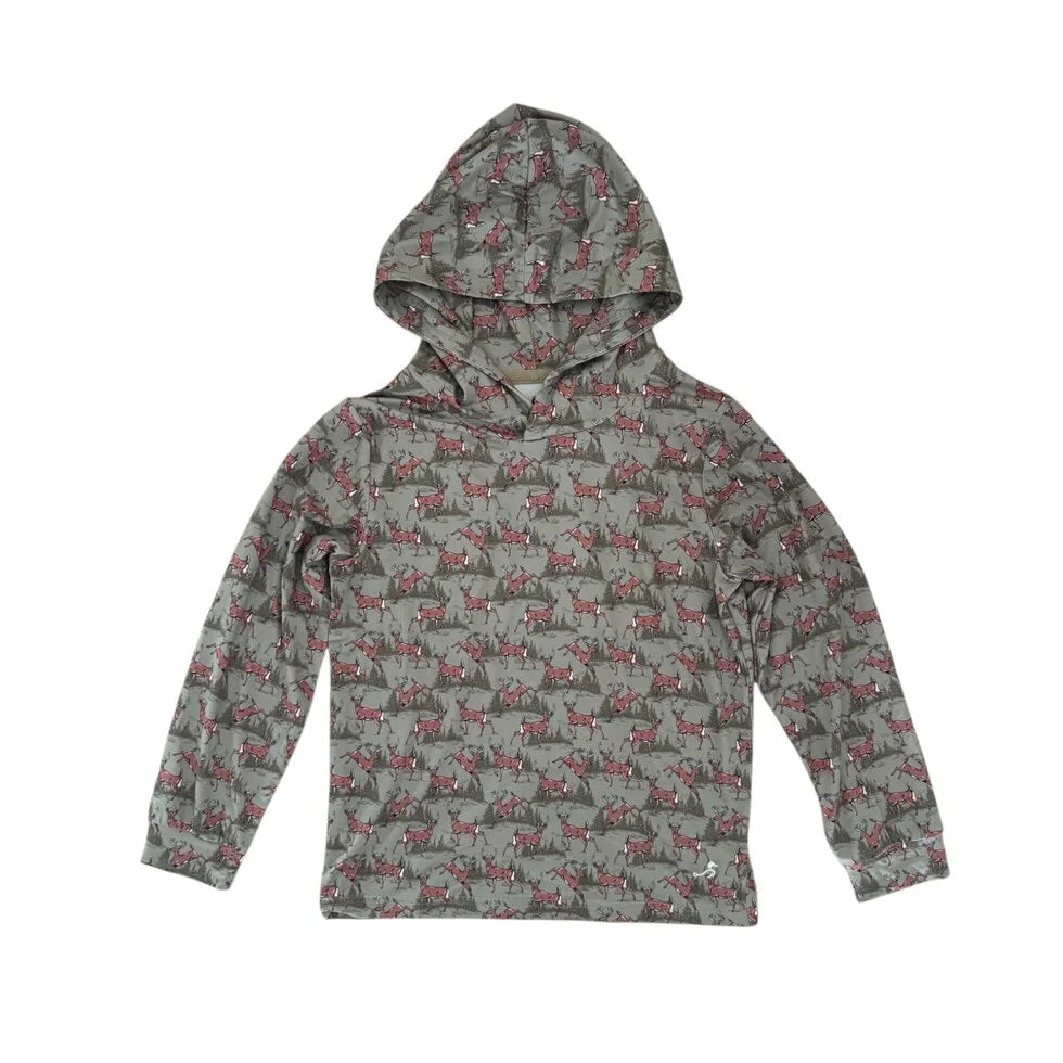 Buck Brothers Whitetail Woods CoolShade Mack Performance Hoodie hanging on a display with a forest scene design.