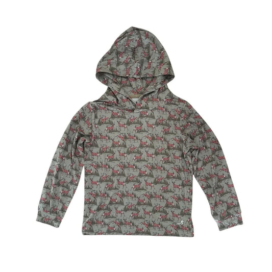 Buck Brothers Whitetail Woods CoolShade Mack Performance Hoodie hanging on a display with a forest scene design.