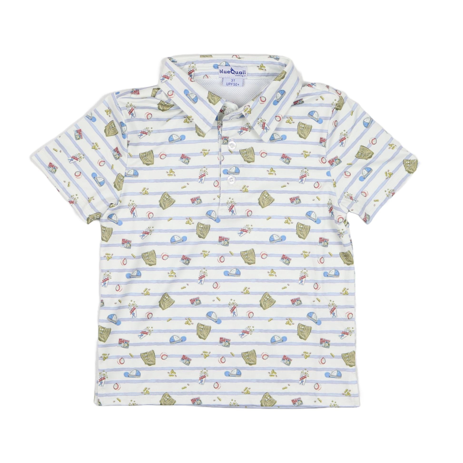 Blue Quail Clothing Co. 7th Inning Stretch polo shirt with short sleeves and baseball-inspired design, displayed on a flat surface.