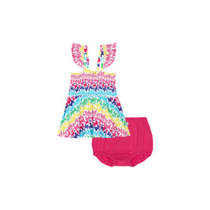 Posh Peanut - Rainbow Butterfly - Smocked Flutter Sleeve Babydoll & Bloomer Set