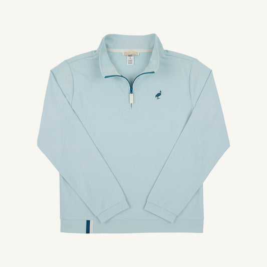 The Beaufort Bonnet Company Old Greenwich & Barnsley Blue PrepleticTM Hayword half zip in green heathered with a blue barnstrey stork design.