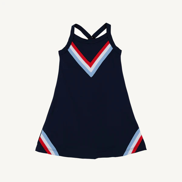 Nantucket Navy Prepletic™ Little Miss Tennis Dress by The Beaufort Bonnet Company with red, white, and blue accents and tennis collar.