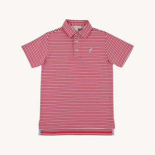 Prim & Proper Polo with Sumner County Stripe in Richmond Red and Beale Street Blue Stork, by The Beaufort Bonnet Company.