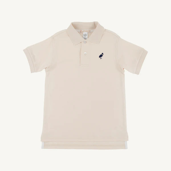 Osprey oatmeal and Nantucket Navy Stork Prim & Proper Polo onesie by The Beaufort Bonnet Company featuring a navy stork print.