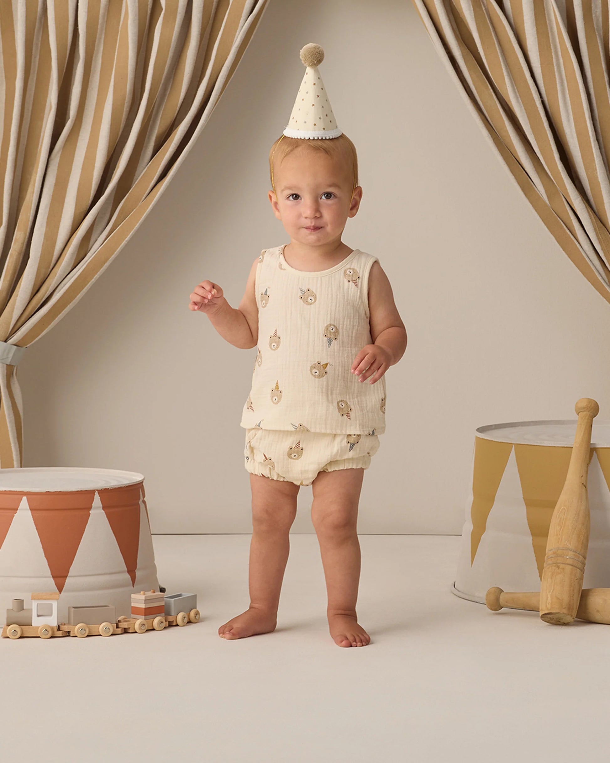 Quincy Mae Party Bears woven tank set featuring colorful bear patterns, sleeveless design, and soft fabric for kids' summer wear.