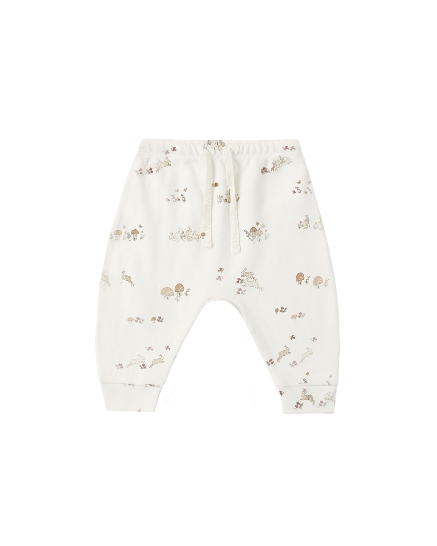Ivory bunnies print drawstring pants by Quincy Mae, featuring soft fabric and a comfortable elastic waistband.