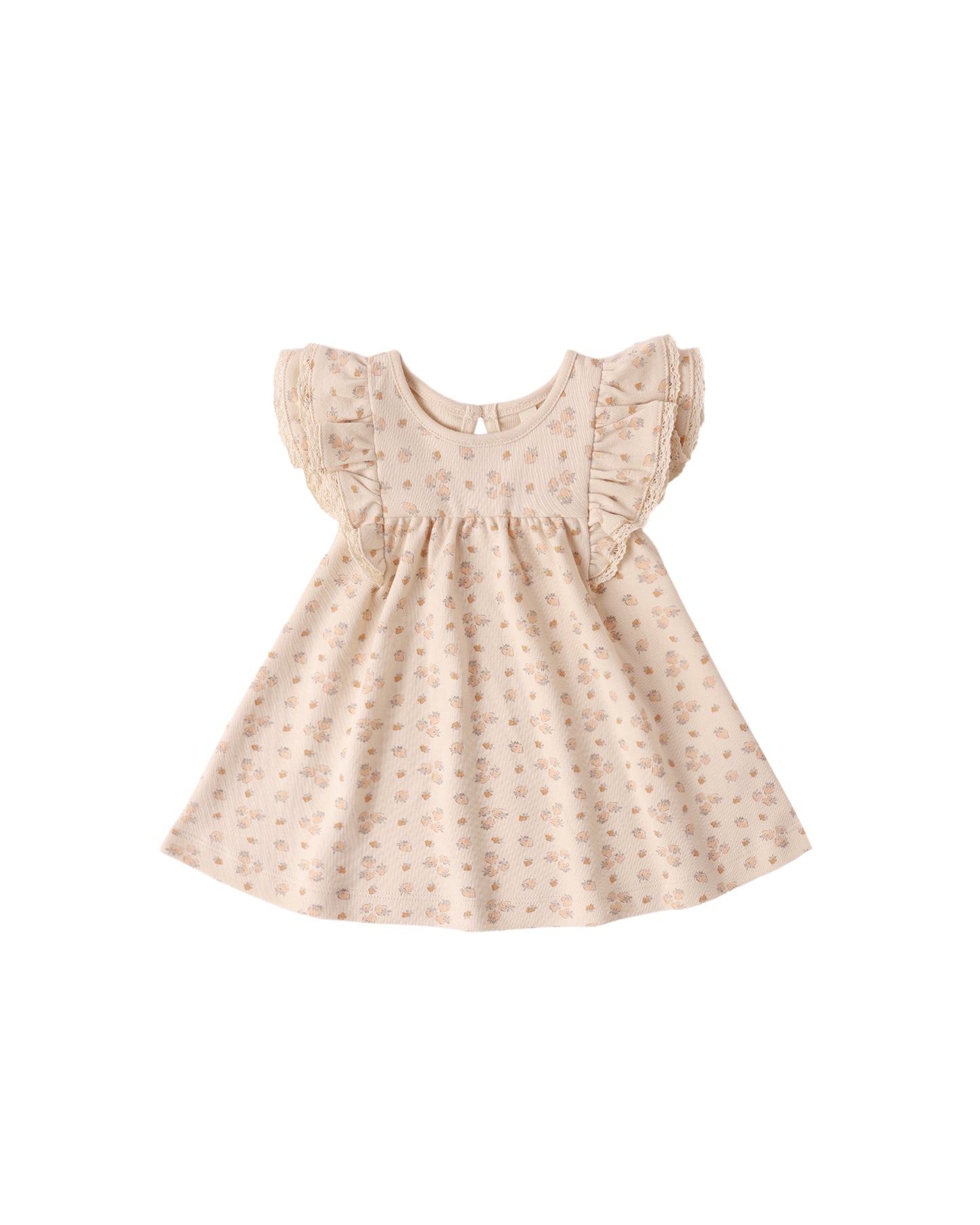 Light-colored Quincy Mae Strawberries Flutter Dress with ruffled sleeves and floral print, displayed on a hanger.