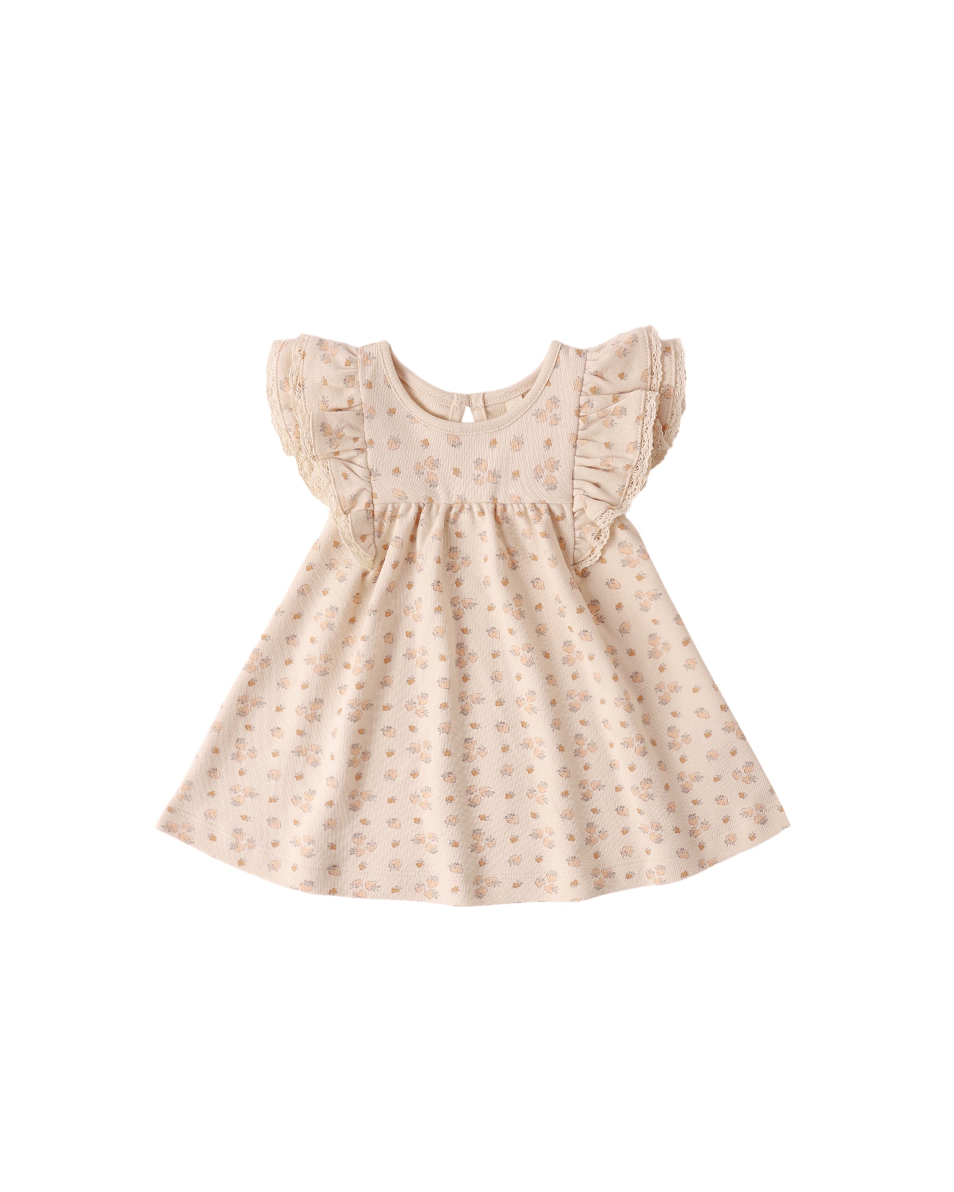 Light-colored Quincy Mae Strawberries Flutter Dress with ruffled sleeves and floral print, displayed on a hanger.