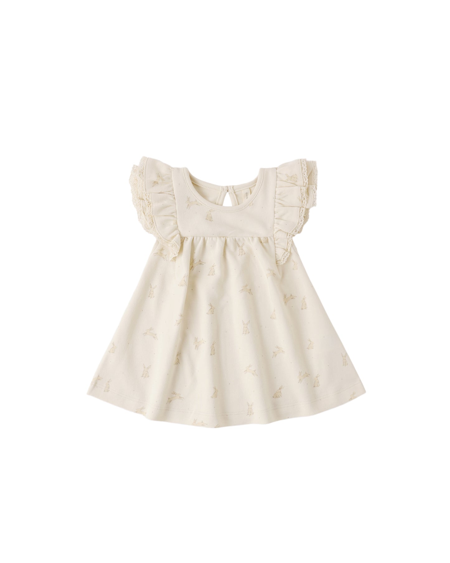 Quincy Mae Bunnies Flutter Dress in natural fabric with flutter sleeves, perfect for babies or toddlers.