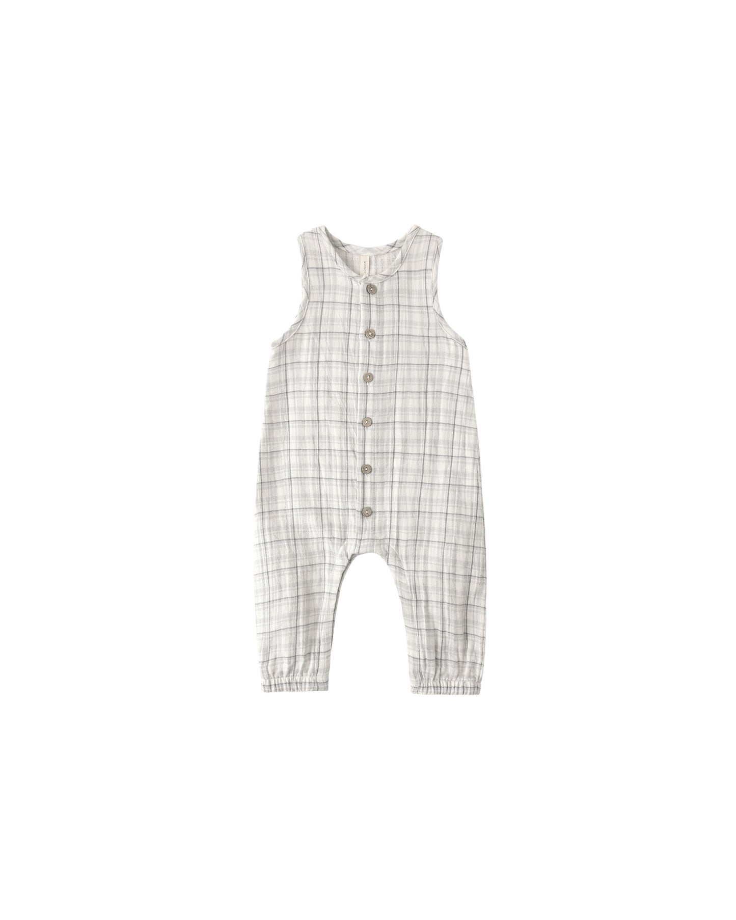 Blue plaid woven jumpsuit by Quincy Mae, featuring a stylish design with adjustable straps and a comfortable fit.