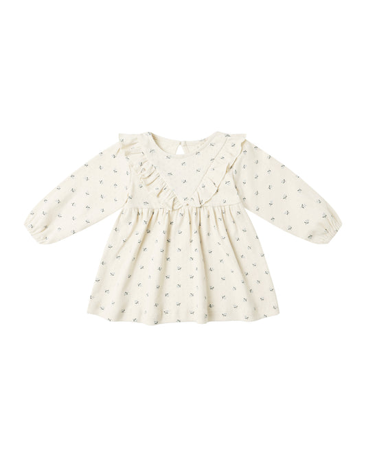 Blue Ditsy Long Sleeve Ruffle V Dress