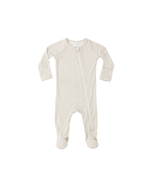 Quincy Mae Oat Gingham Bamboo Zip Footie in ivory with gingham pattern, featuring a front zipper and long sleeves.